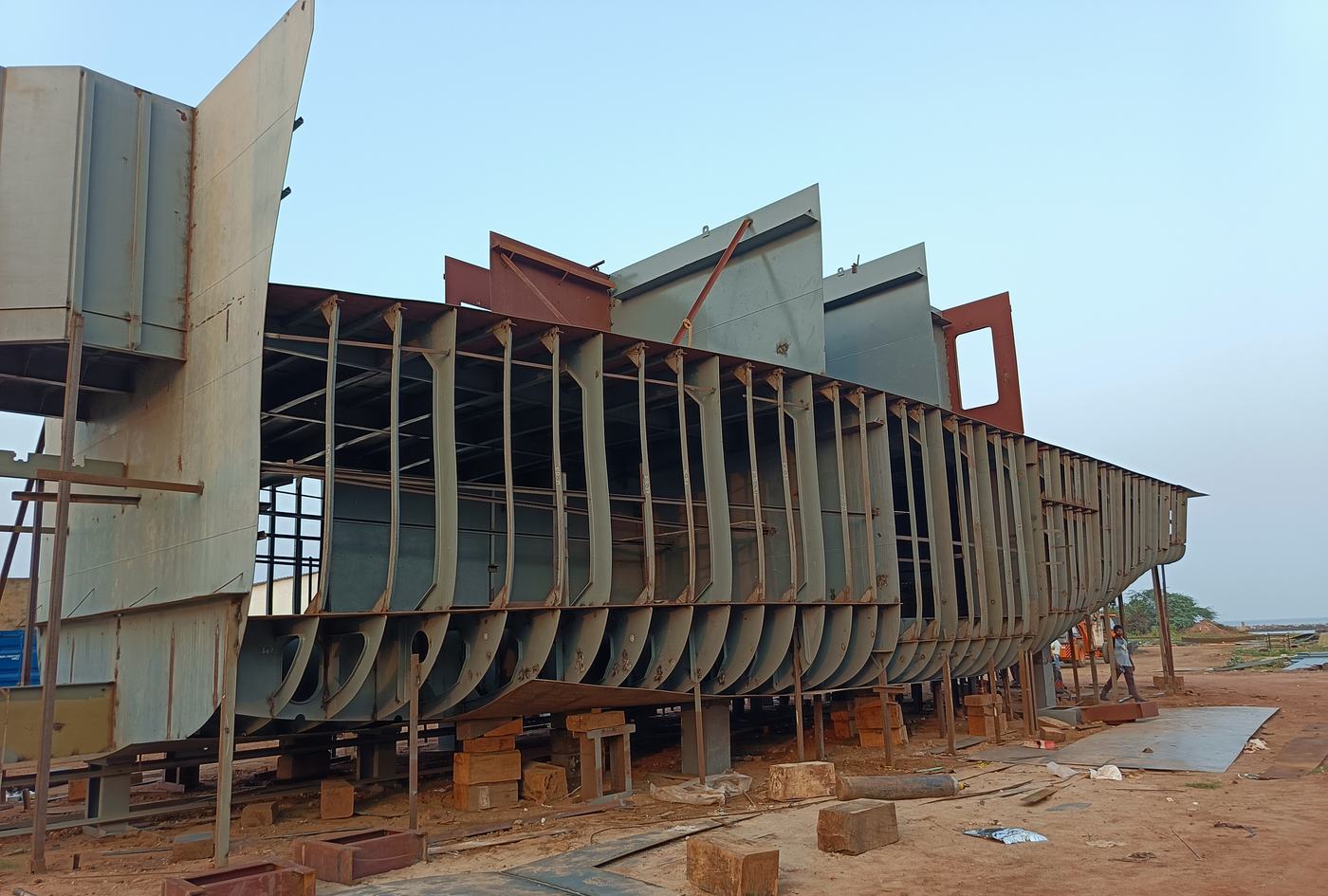 Steel hull framing on the slipway